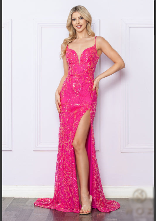 Fuchsia pink -Deep V sequin Gown