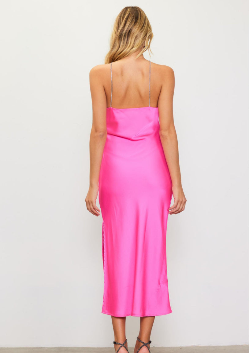 Burble-gum Pink Rosette Halter Dress With Embellished Strap