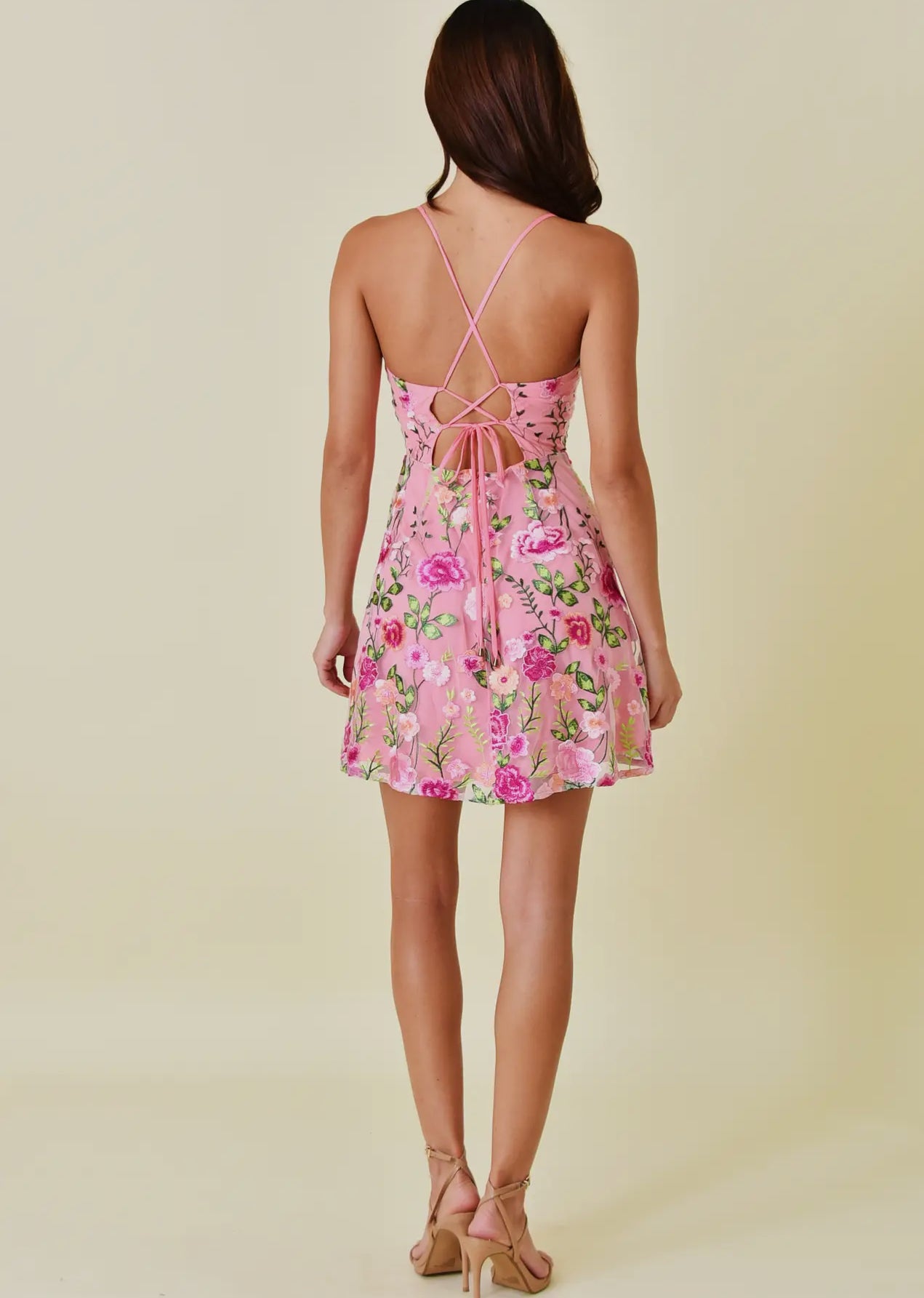 Embroidered floral print mini dress
