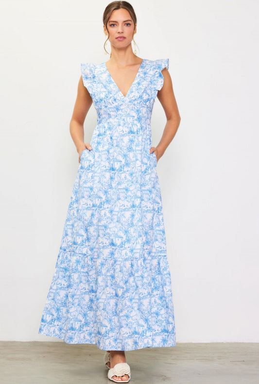Blue White Daphne Floral Print Ruffle Maxi Dress