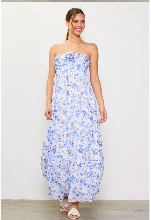 Blue and white floral alter neck rosette maxi dress