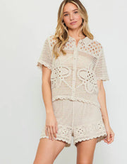 Natural color-Crochet Short Sleeves Polo Top