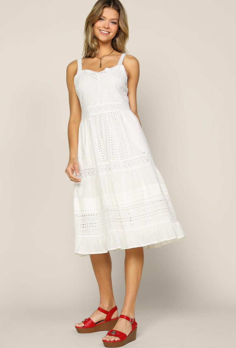 White sleeveless eyelet midi dress