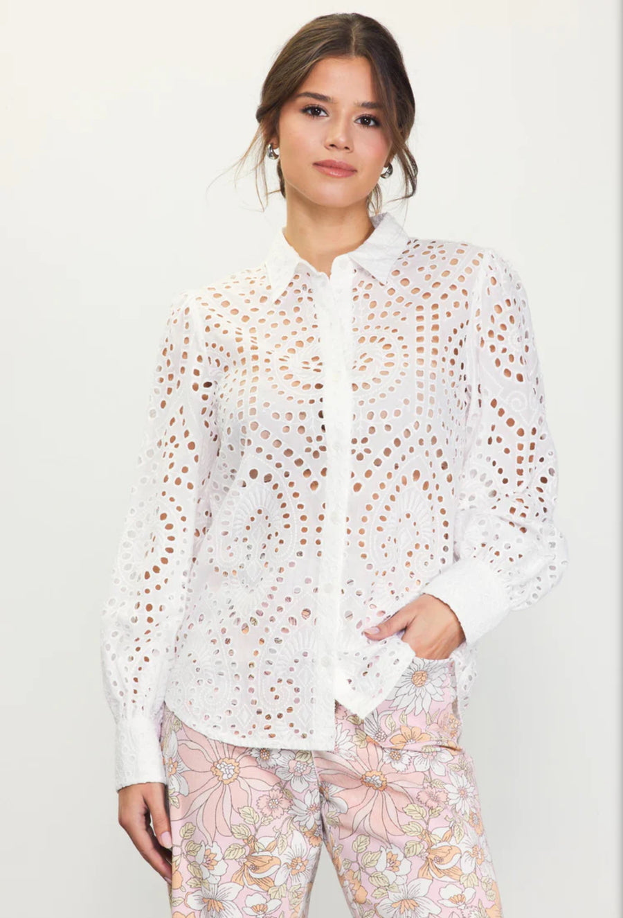 White-EYELET LONGSLEEVE BLOUSE