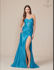 Ocean Blue Satin Fitted Strapless gown