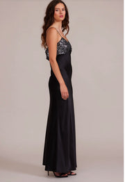 Black slip bow maxi satin dress