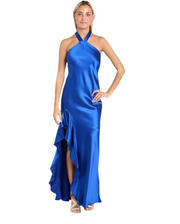 Blue Ruffled Elegance: Satin High Neck Halter Dress with Dramatic Slit