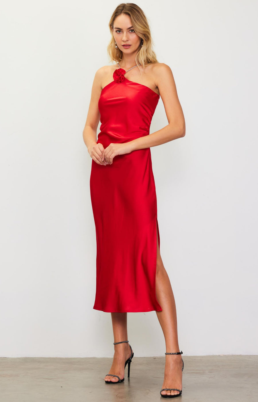 Red Rosette Halter Dress With Embellished Strap