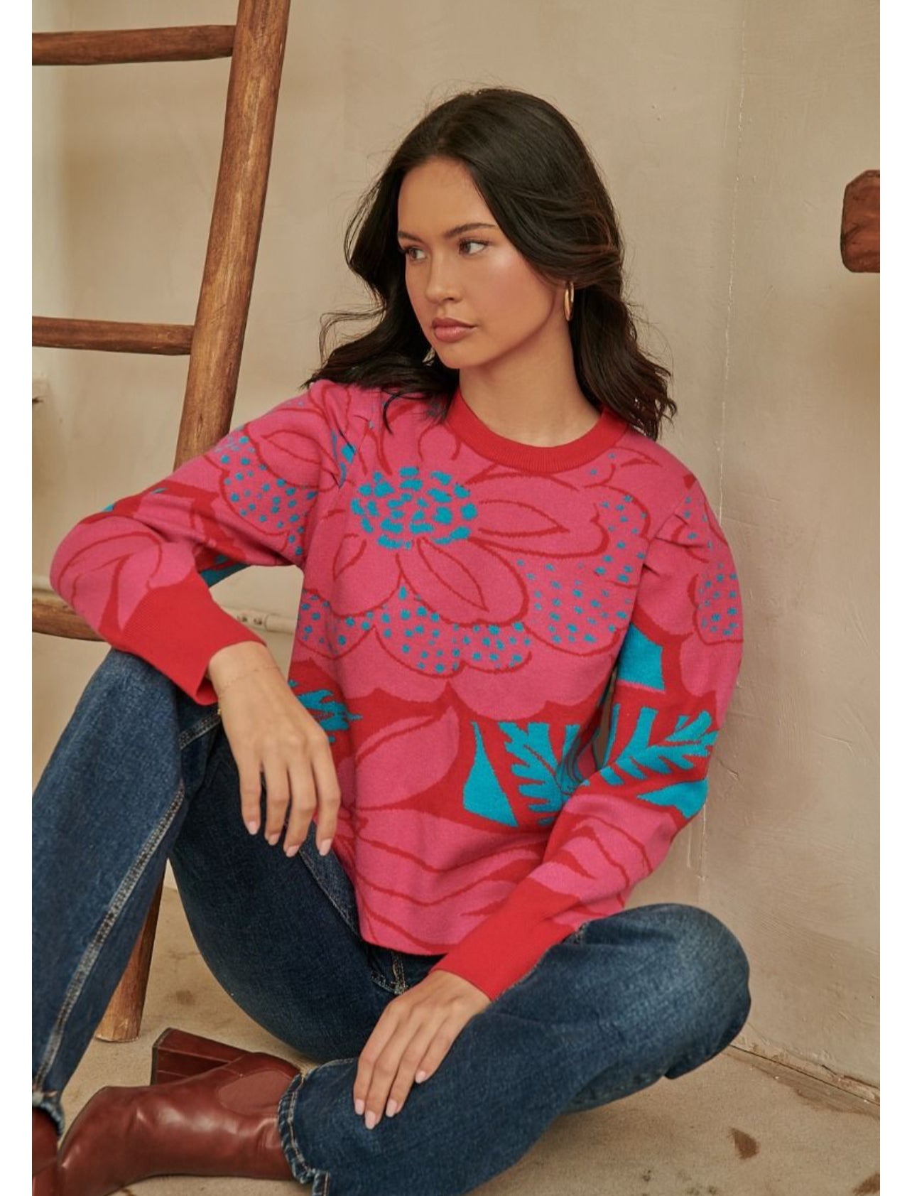 Fuchsia Blue-Zinnia Floral Gathered Shoulder Sweater