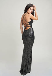 Onyx Black-Strap Lattice Back Sequins Max dress