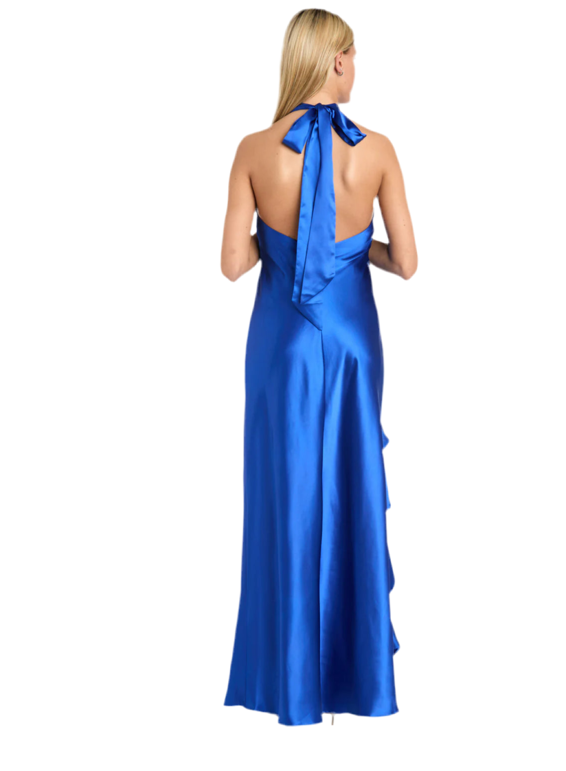 Blue Ruffled Elegance: Satin High Neck Halter Dress with Dramatic Slit