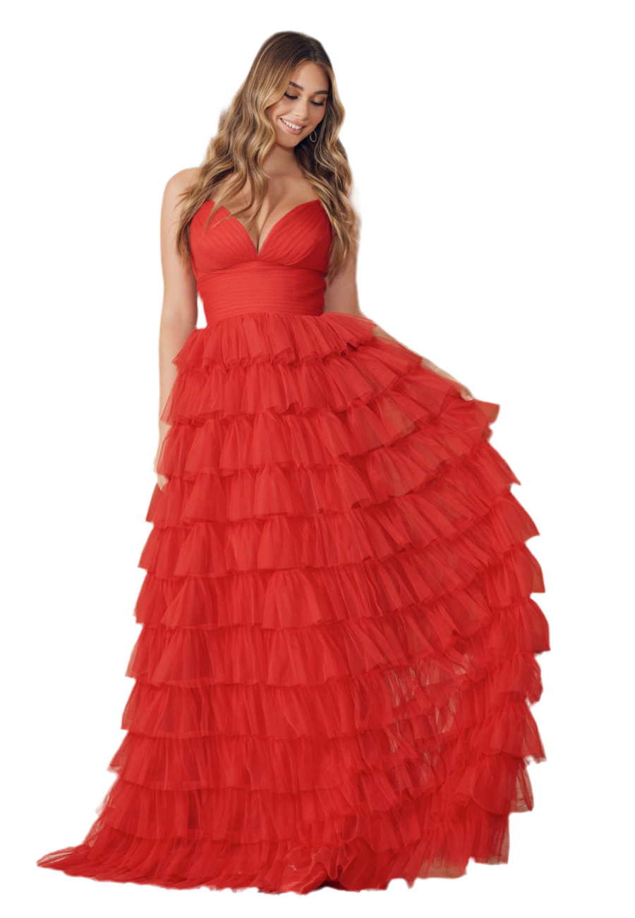 Red Exquisite Tull ruffles layers gown