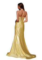 Yellow SATIN LONG DRESS WITH A V-NECKLINE SILVER SEQUIN APPLIQUE ON THE BUST