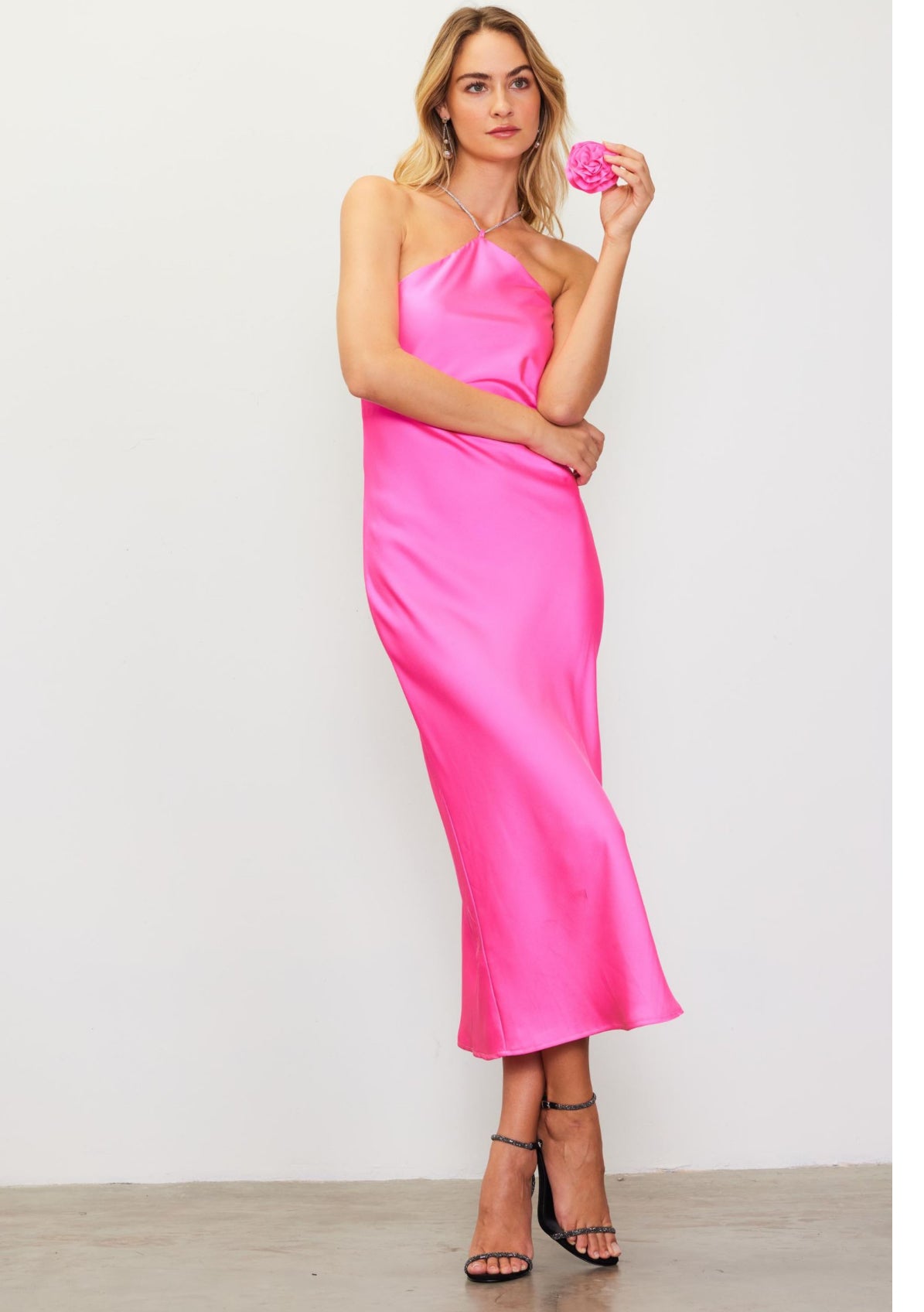 Burble-gum Pink Rosette Halter Dress With Embellished Strap