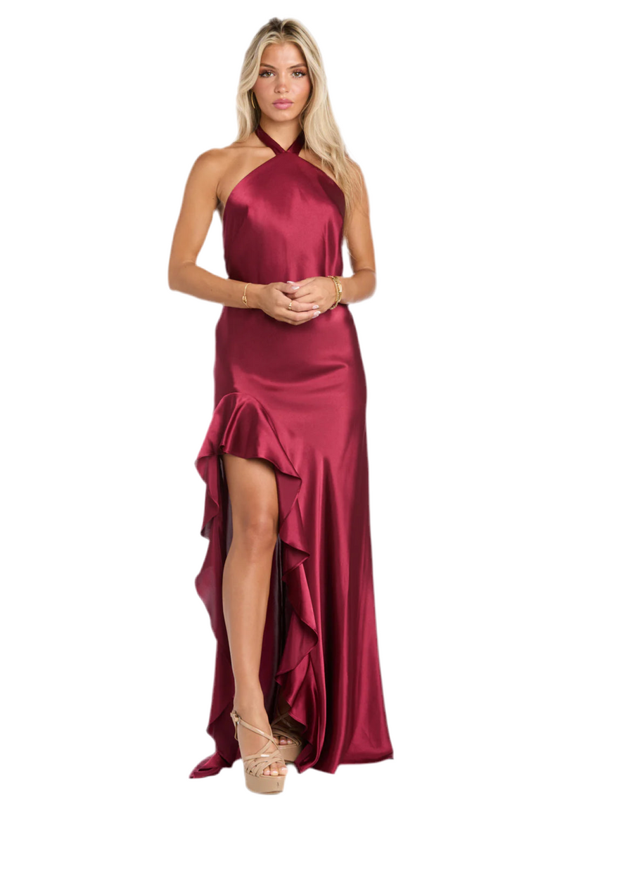 Wine color Ruffled Elegance: Satin High Neck Halter Dress with Dramatic Slit