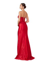 Deep Red Satin Fitted Strapless gown