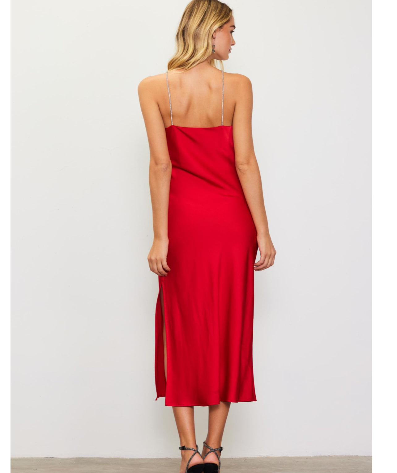Red Rosette Halter Dress With Embellished Strap