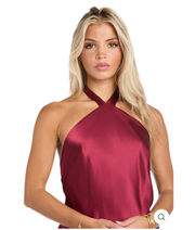 Wine color Ruffled Elegance: Satin High Neck Halter Dress with Dramatic Slit