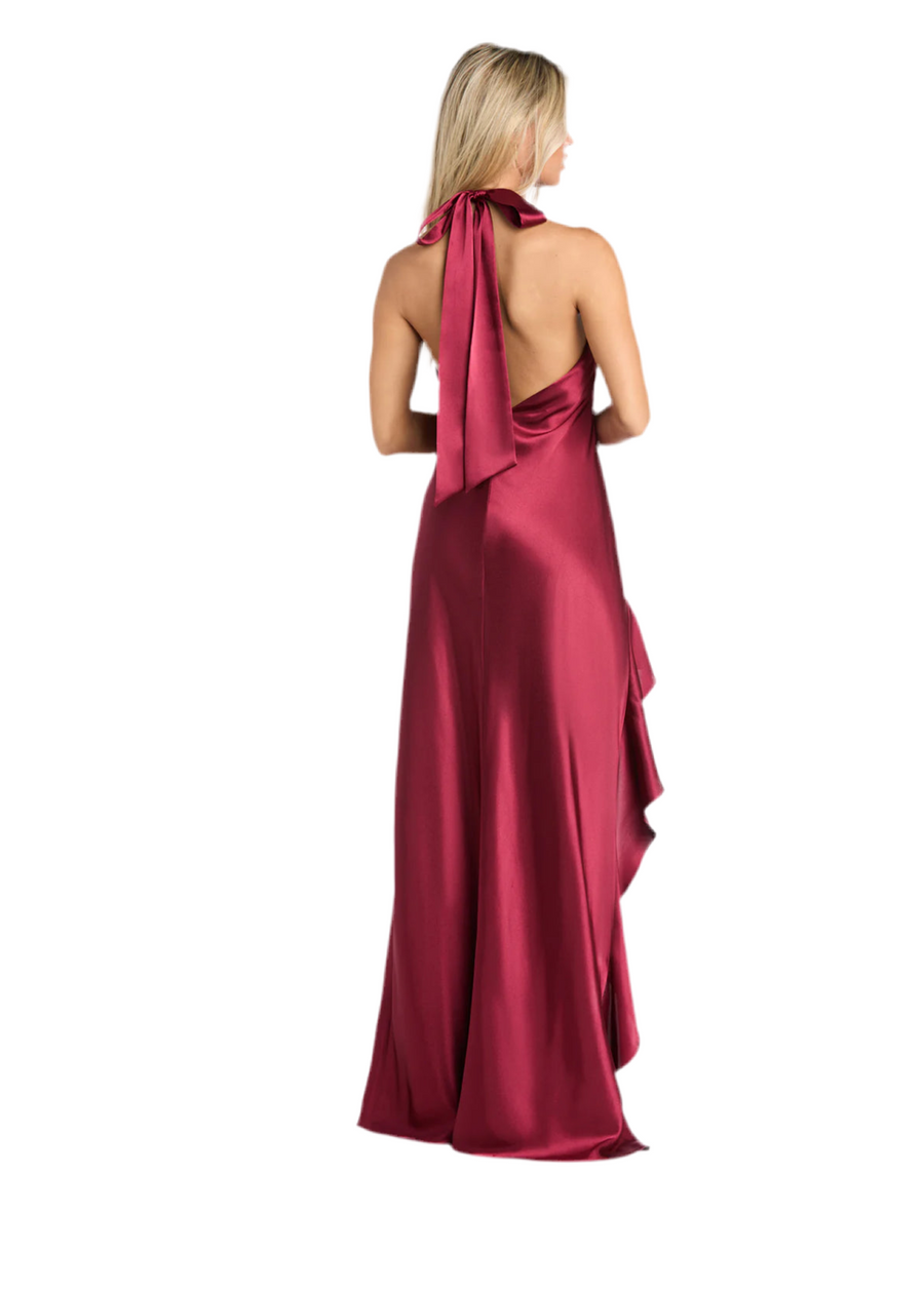 Wine color Ruffled Elegance: Satin High Neck Halter Dress with Dramatic Slit