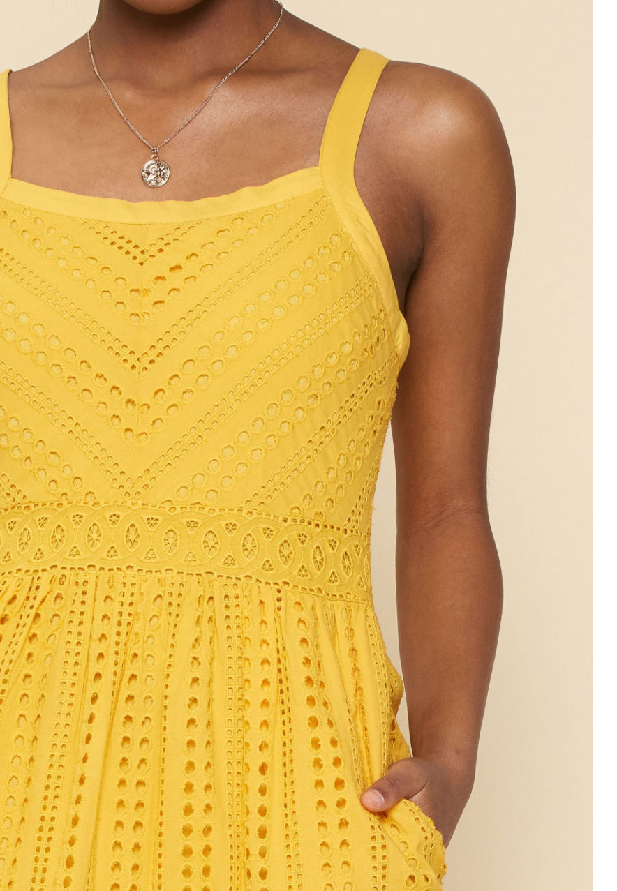 Mellow Yellow  sleeveless eyelet midi dress