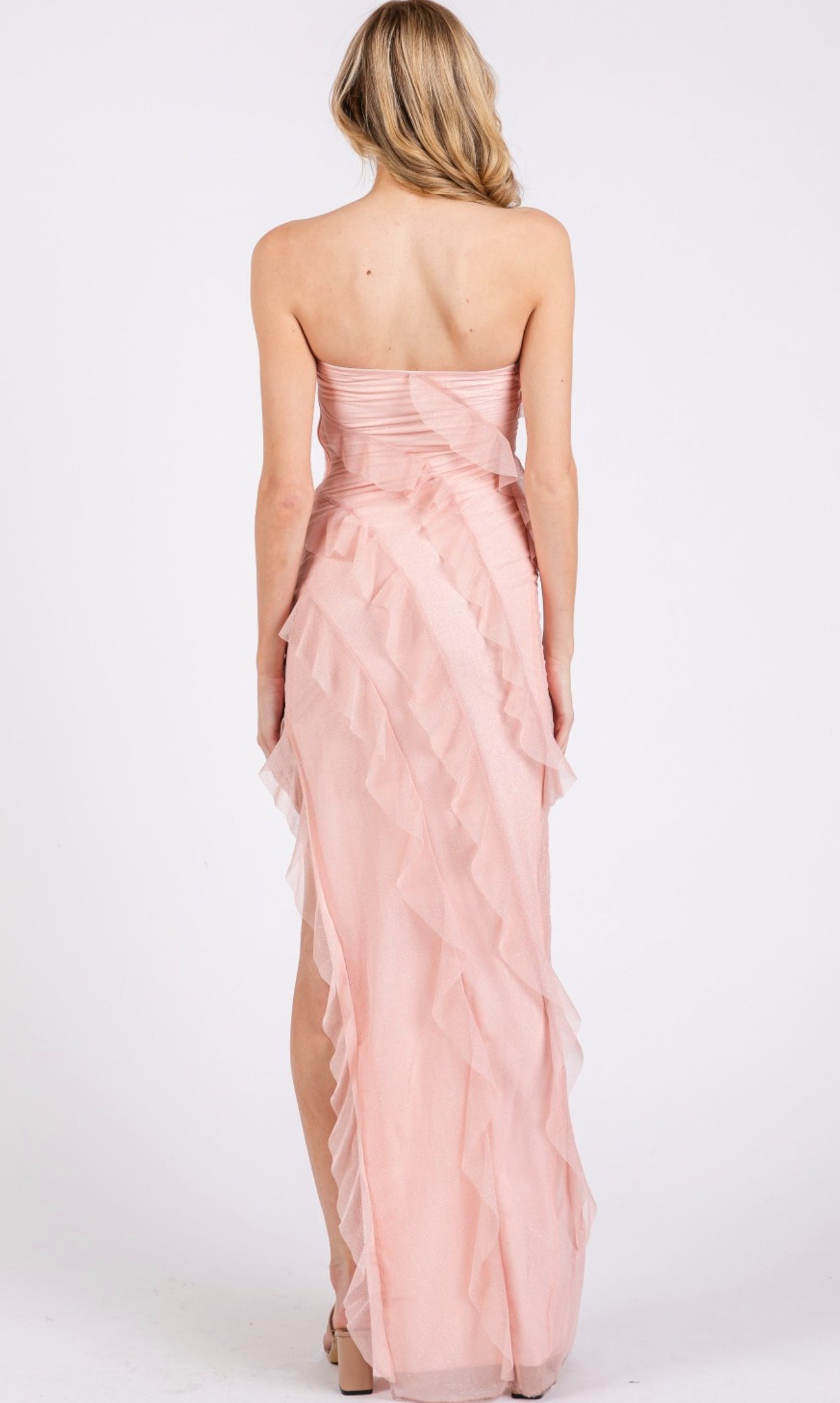 Blush pink GLITTER MESH SIDE SLIT RUFFLE TUBE