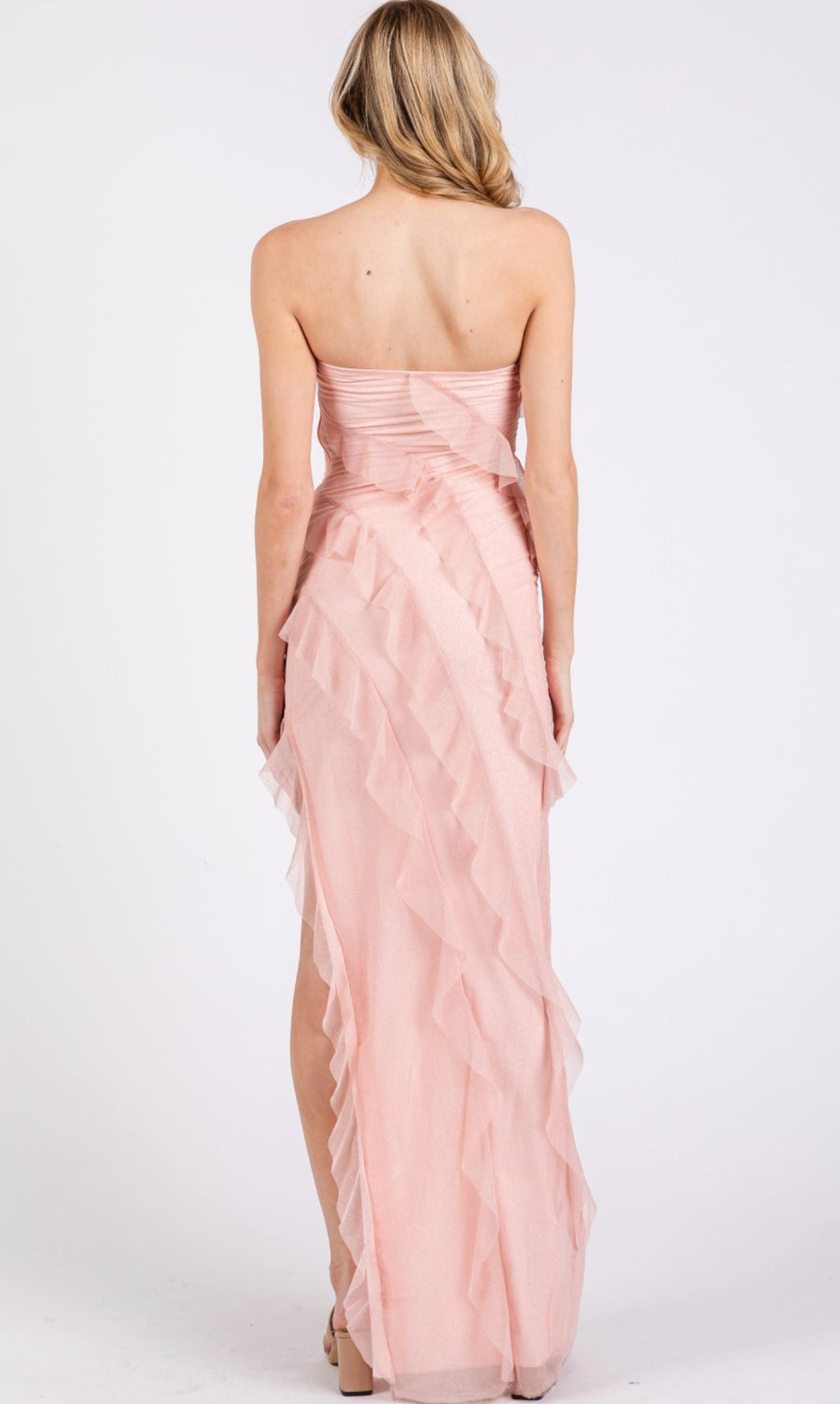 Blush pink GLITTER MESH SIDE SLIT RUFFLE TUBE