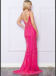 Fuchsia pink -Deep V sequin Gown