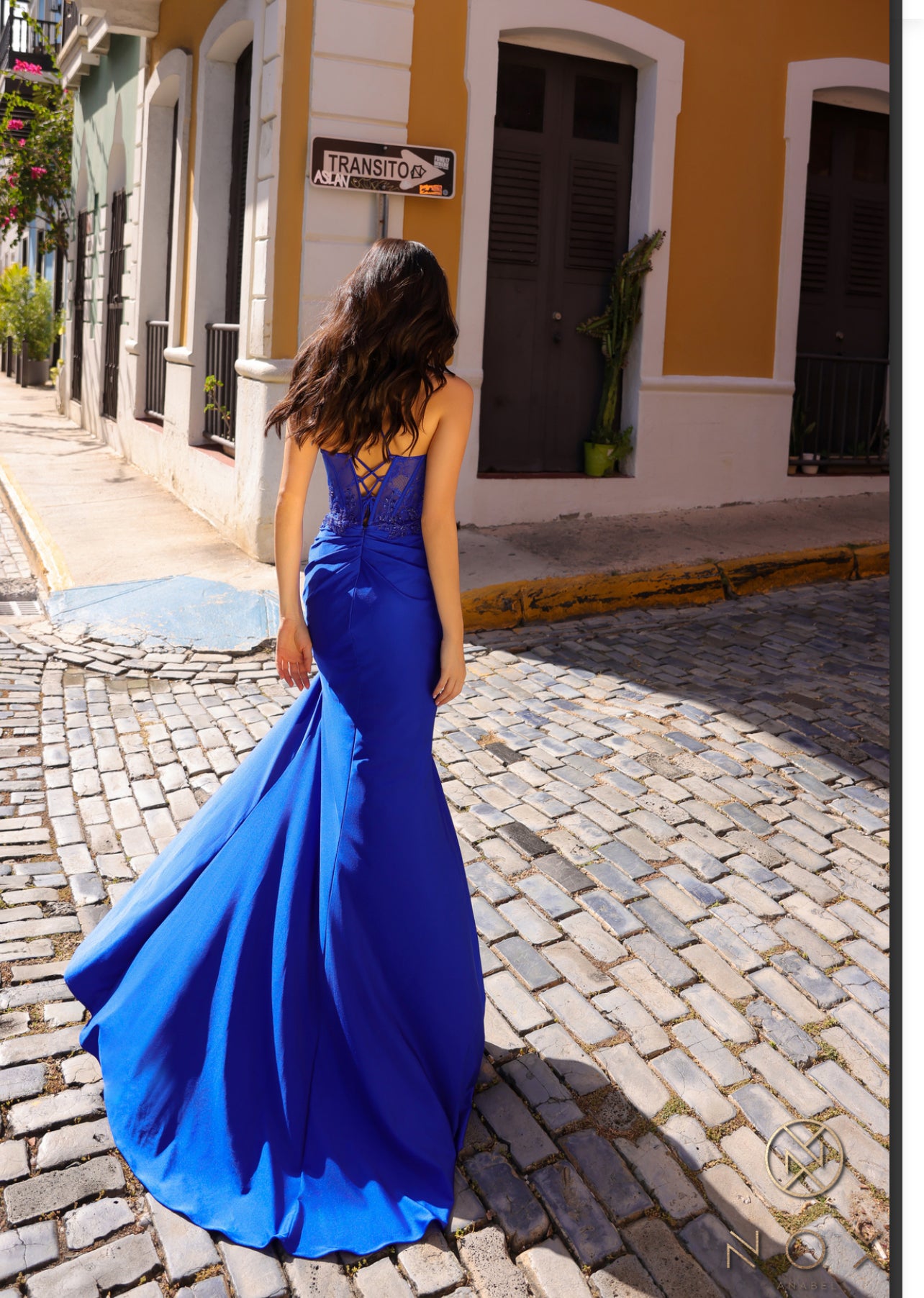 Royal blue Stretch Satin Long Gown Embellished by a Sheer Boned Waisline