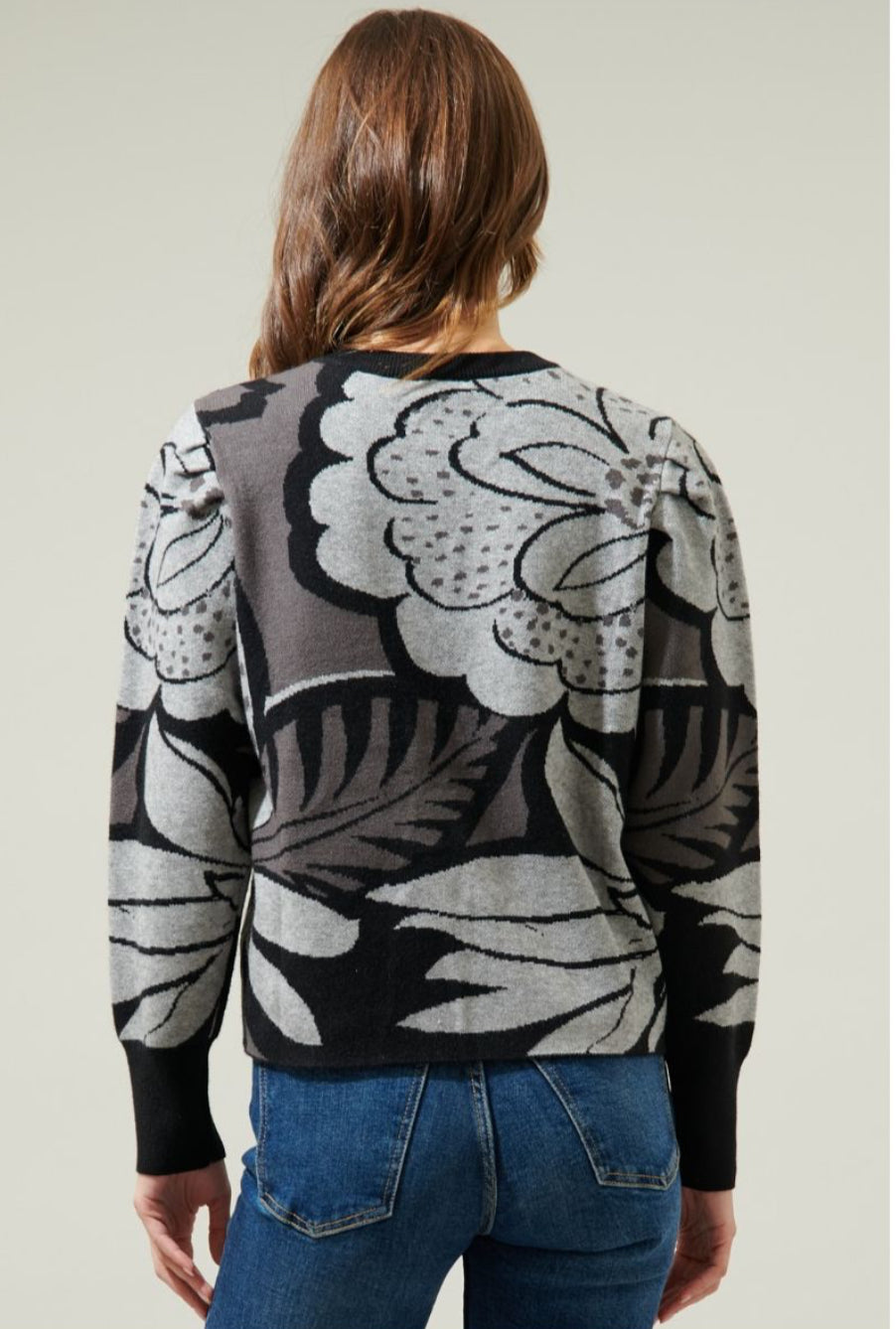 Black Grey-Zinnia Floral Gathered Shoulder Sweater
