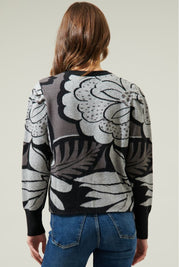 Black Grey-Zinnia Floral Gathered Shoulder Sweater