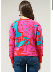 Fuchsia Blue-Zinnia Floral Gathered Shoulder Sweater