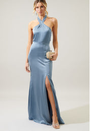 Dusty blue -Spellbound Halter Satin Maxi Dress