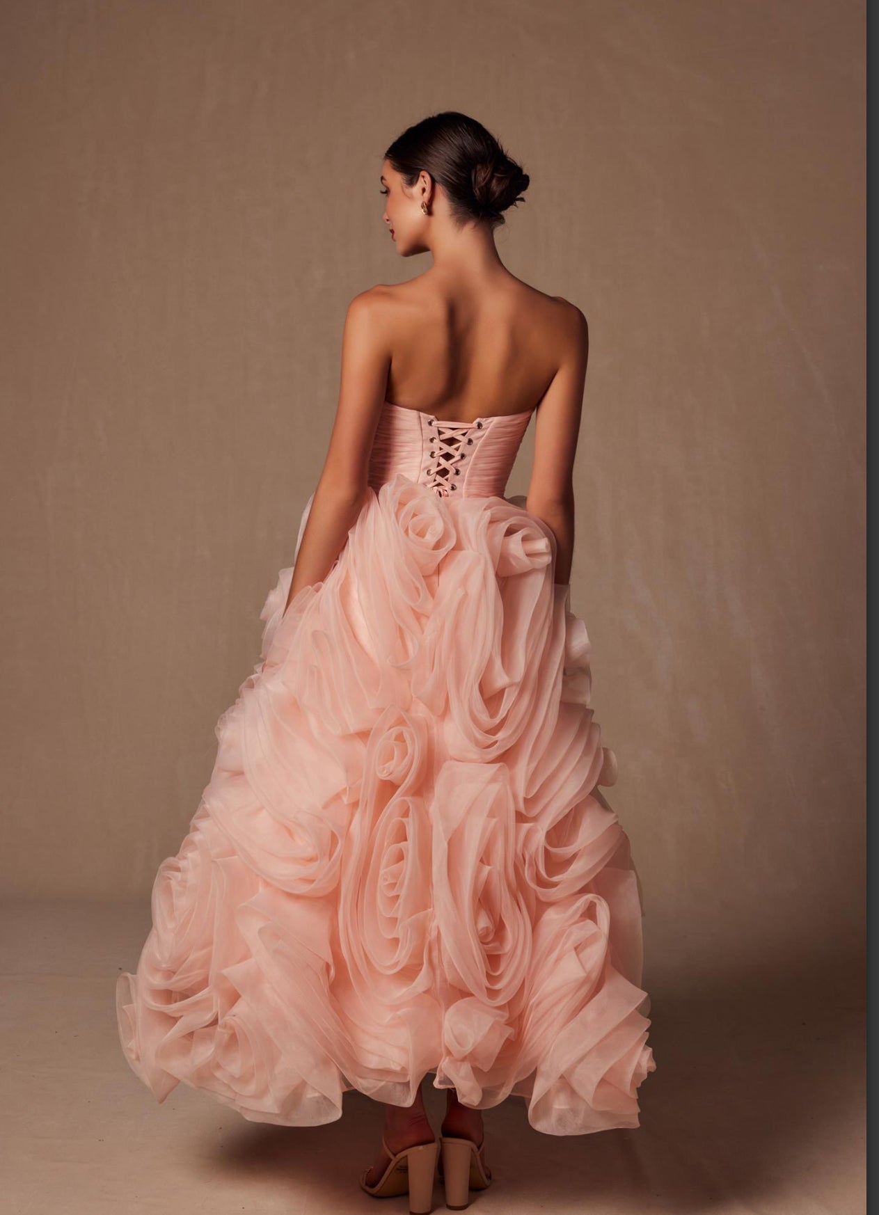 Peach color Strapless Corset Rosette Tea Length