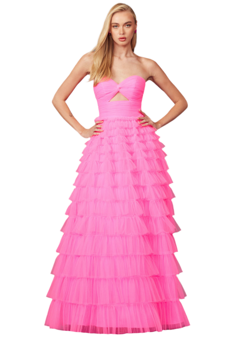 Hot pink Strapless Ball Gown With Keyholes And A Tulle Ruffle