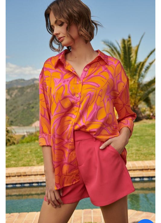 Fuchsia Orange over sized satin blouse