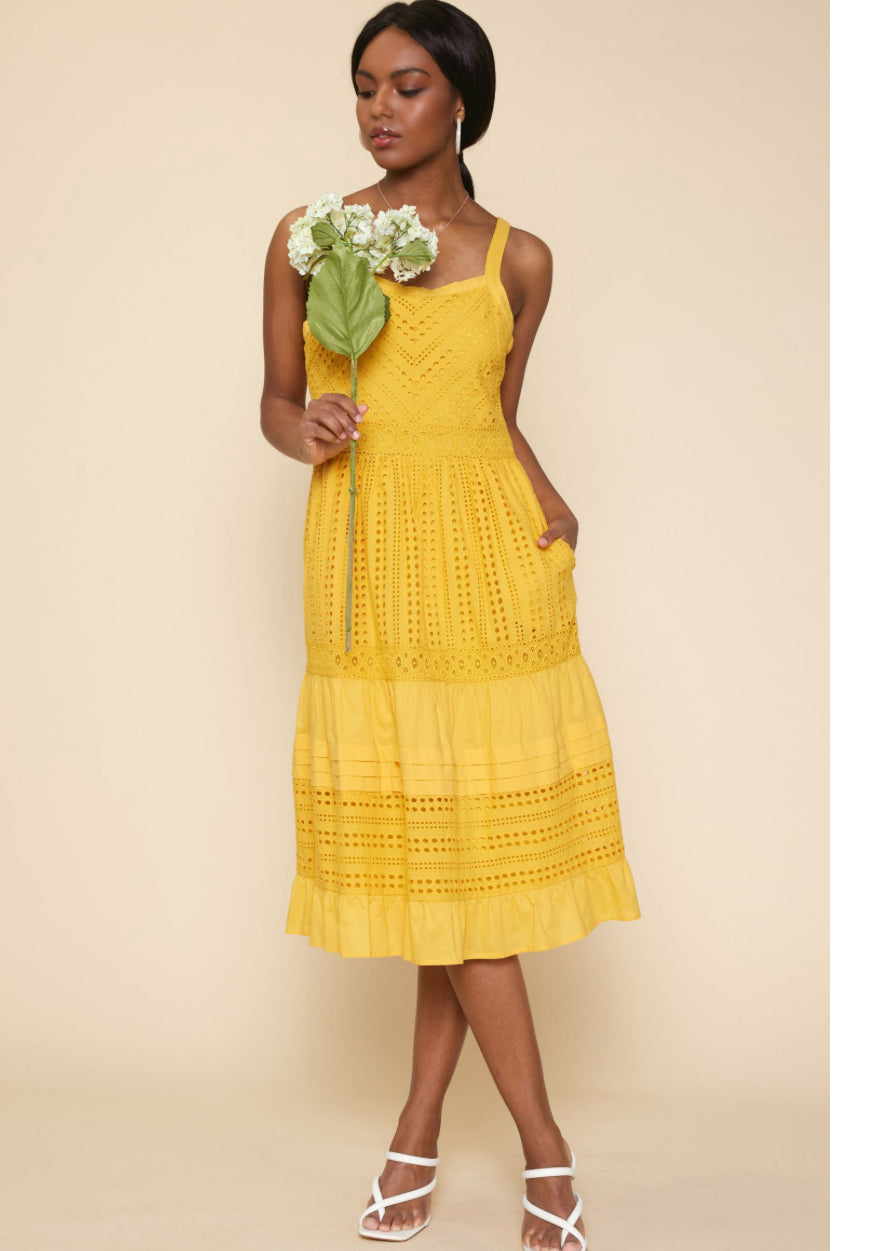 Mellow Yellow  sleeveless eyelet midi dress