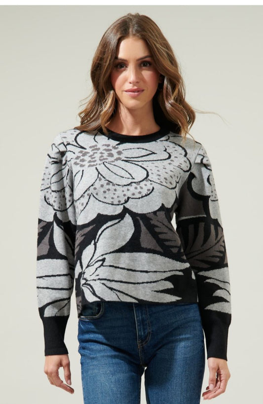 Black Grey-Zinnia Floral Gathered Shoulder Sweater