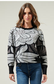 Black Grey-Zinnia Floral Gathered Shoulder Sweater