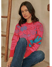 Fuchsia Blue-Zinnia Floral Gathered Shoulder Sweater