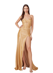 Gold Satin Fitted Strapless gown