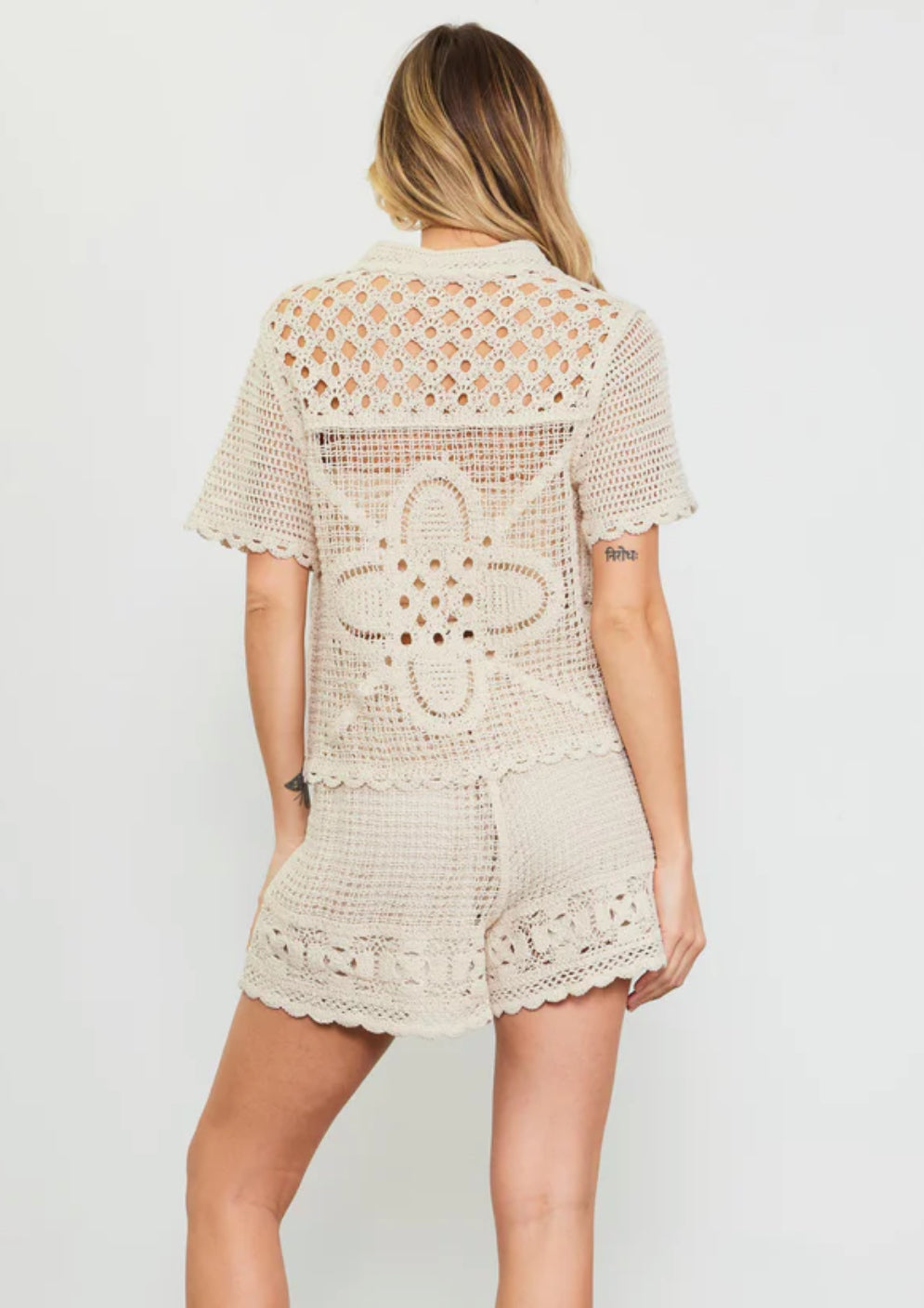 Natural color-Crochet Short Sleeves Polo Top