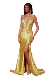 Yellow SATIN LONG DRESS WITH A V-NECKLINE SILVER SEQUIN APPLIQUE ON THE BUST