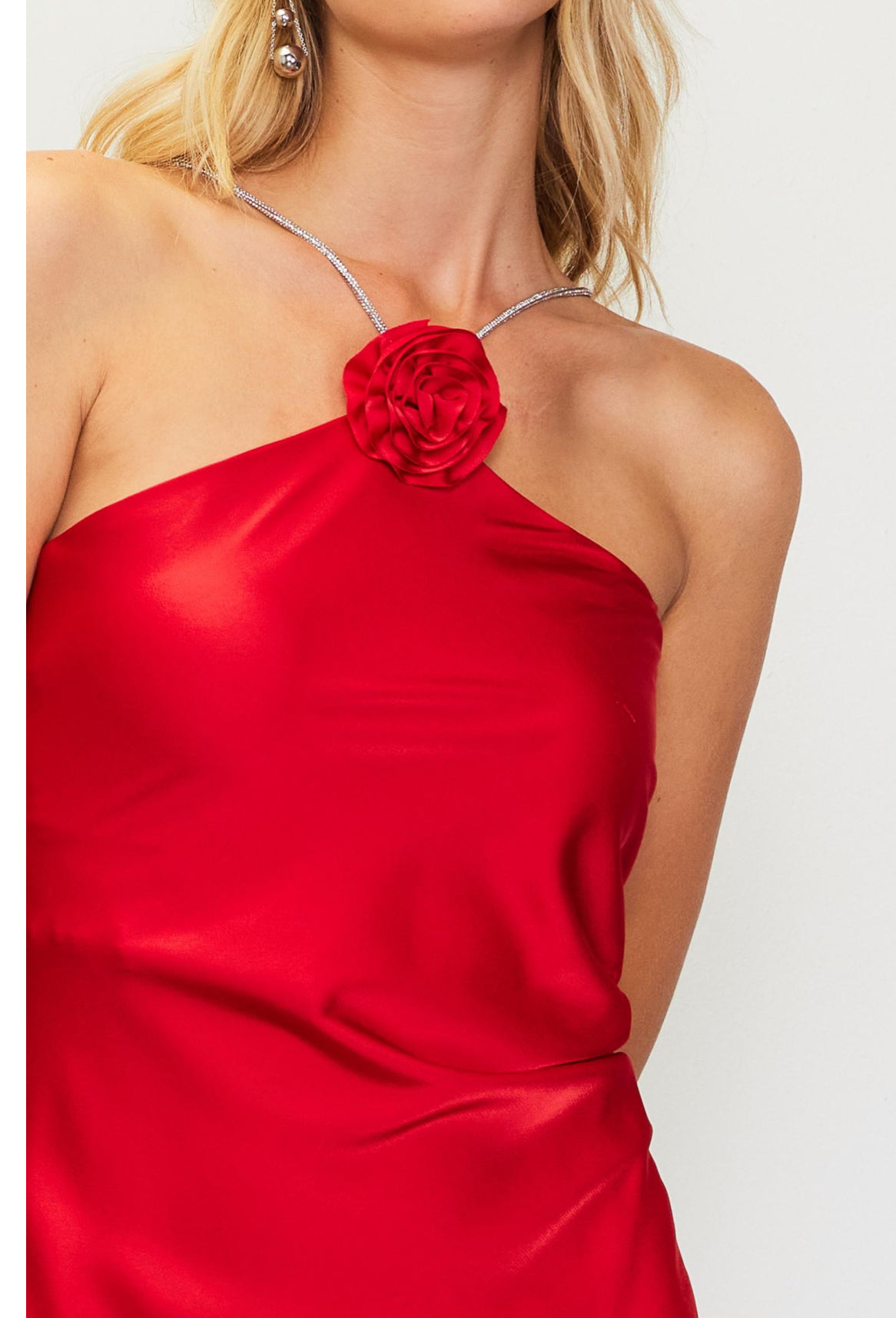 Red Rosette Halter Dress With Embellished Strap