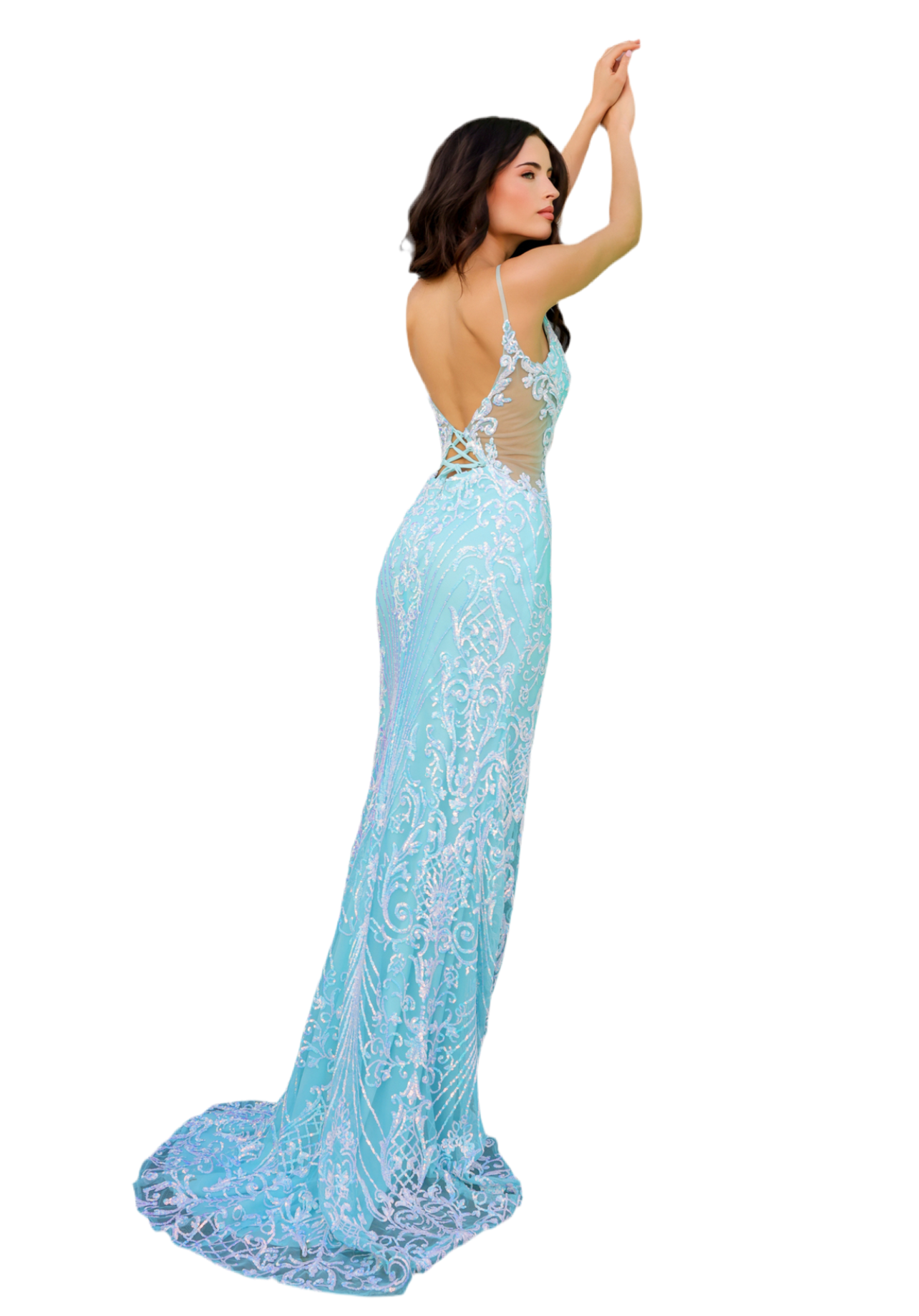 Light Blue sequin gown with mesh sides and a lower back