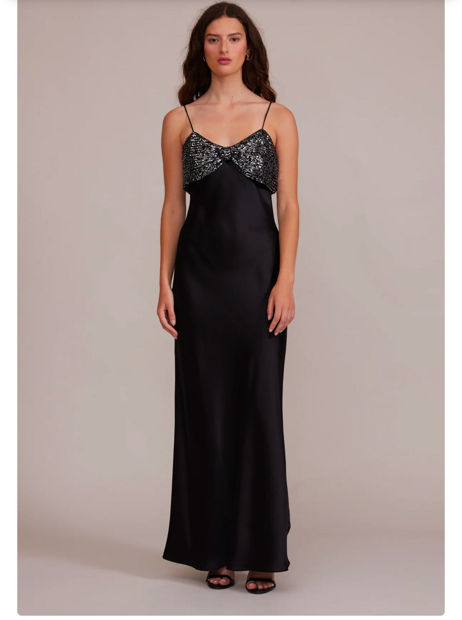 Black slip bow maxi satin dress