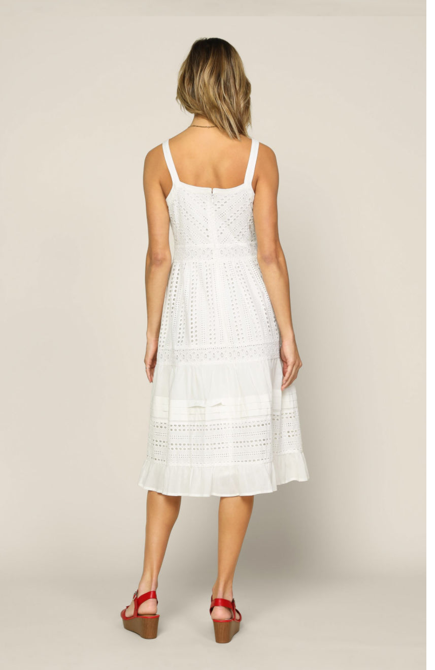 White sleeveless eyelet midi dress