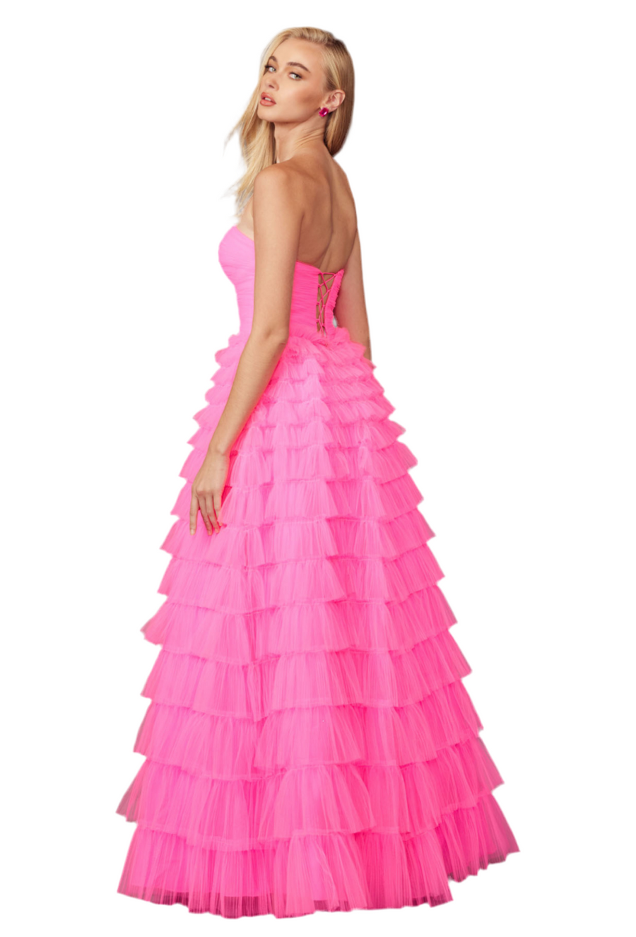 Hot pink Strapless Ball Gown With Keyholes And A Tulle Ruffle