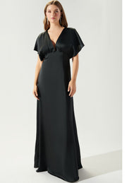 Black-Darling Flutter Sleeve Cut Out Satin Maxi Dress