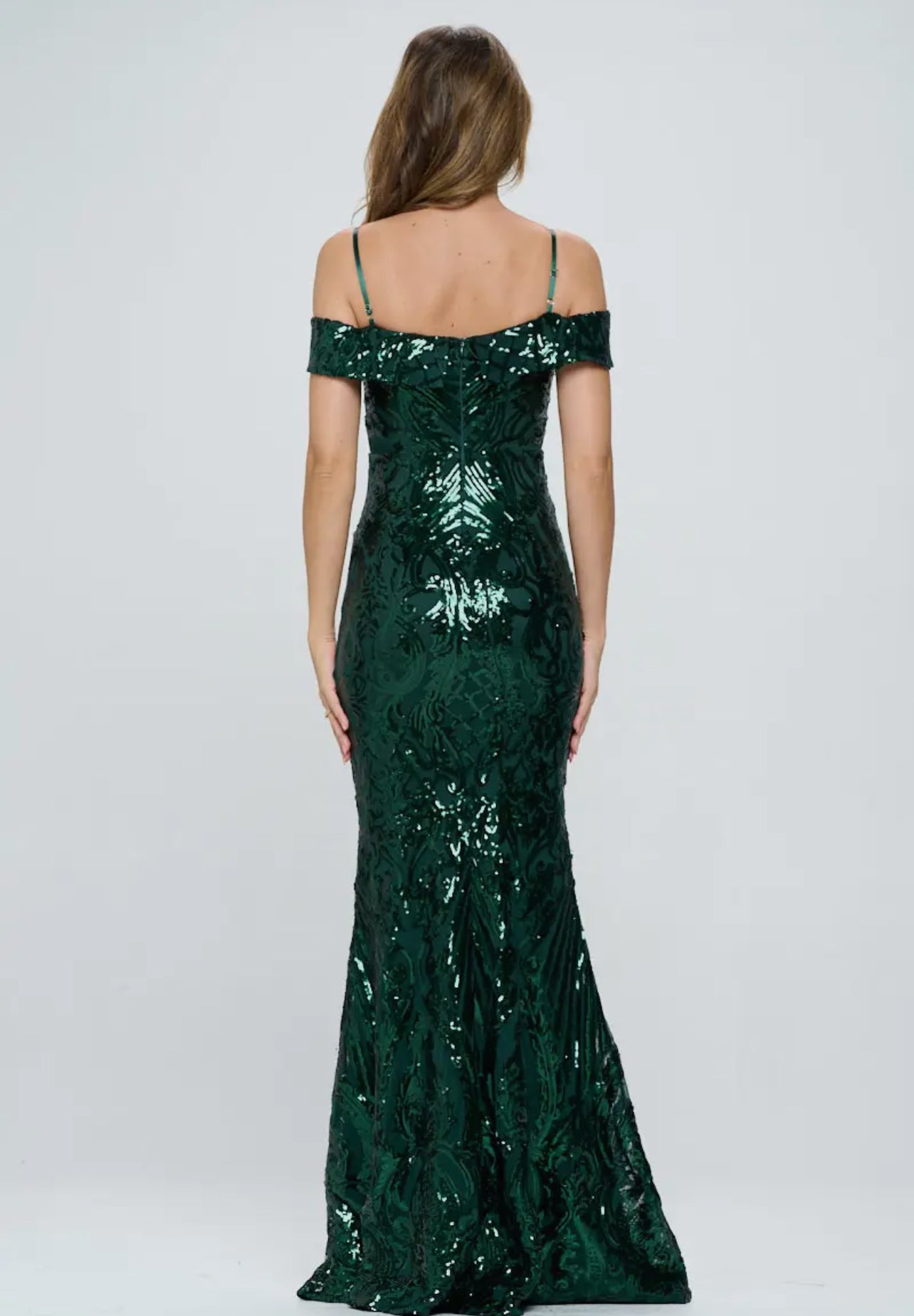 Hunter Green off shoulder Formal sequence of shoulder dress