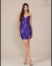 Deer purple Sequins plunging V neck Mini Dress